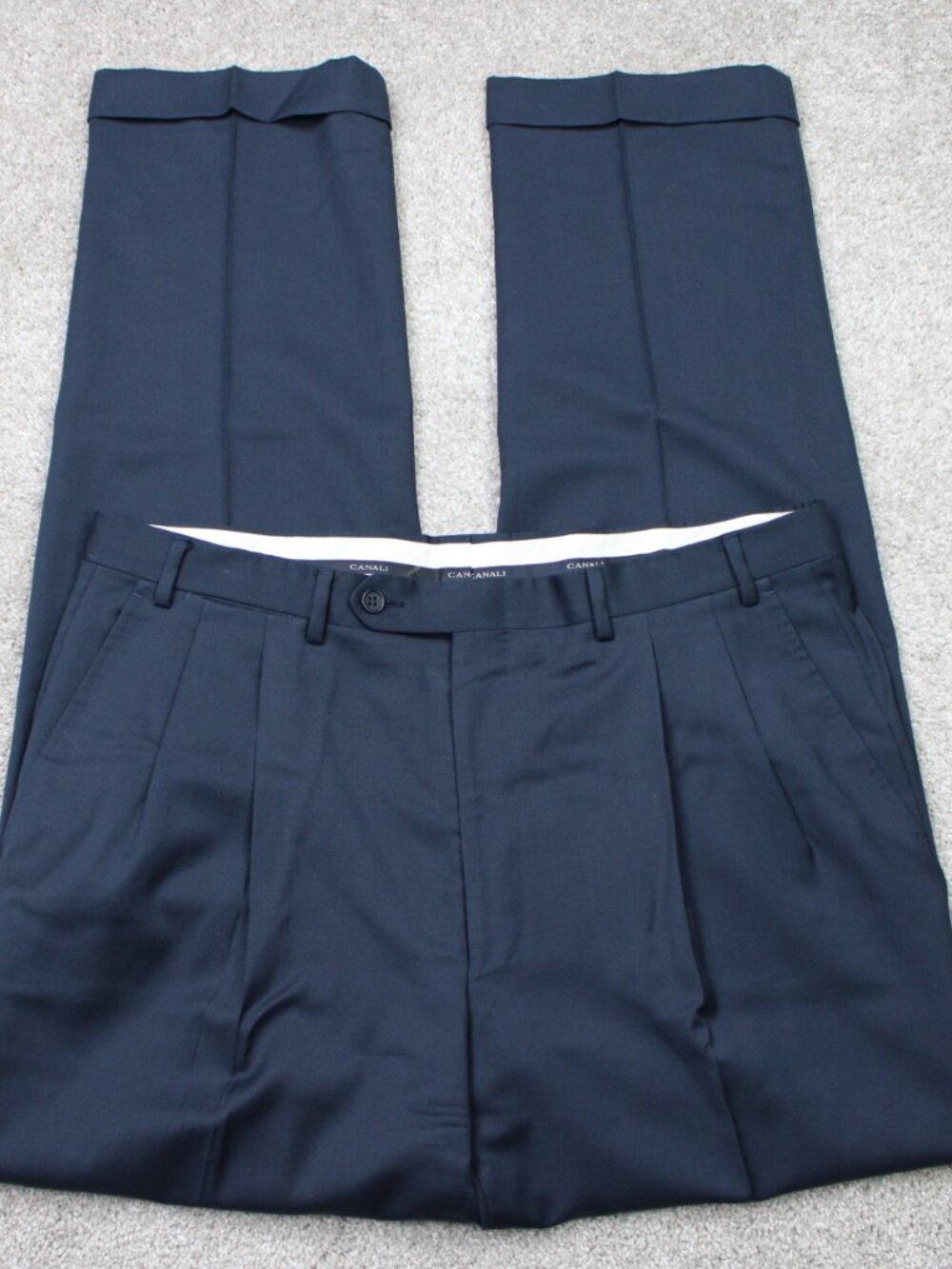 Canali Dress Pants Mens 36x34 Blue Pleated Cuffed 100% Wool Rayon Viscose Lined